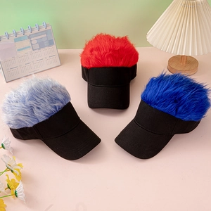 Creative wig baseball caps in red, blue and purple displayed on a desk