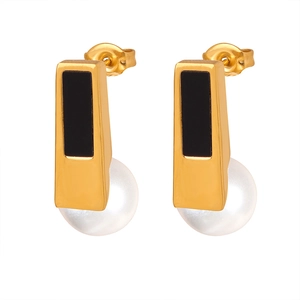 Elegant gold titanium steel earrings with black acrylic bar and hanging white pearl charm