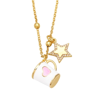 Chic gold bead chain necklace featuring a sparkling star and pink heart cup pendant