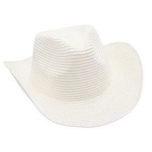 Close-up of the breathable weave and textured detail on a white straw cowboy sun hat