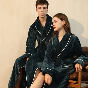 Thick dark green flannel long robes for couples with white trim and waist belts