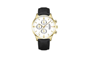 Détail de la montre Geneva avec cadran blanc à trois yeux et bracelet en cuir noir