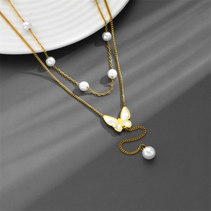 Double Layered Butterfly Necklace Stainless Steel Mother Of Artificial Pearl Pendant Artificial Pearl Tassel Gold Plated Jewelry For Women