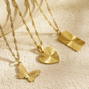 Radiating Texture Heart Butterfly Square Pendant Necklace Stainless Steel Clavicle Chain Jewelry For Women