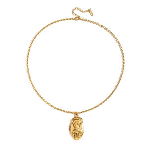 Collier vintage français avec pendentif visage abstrait en acier inoxydable doré de qualité