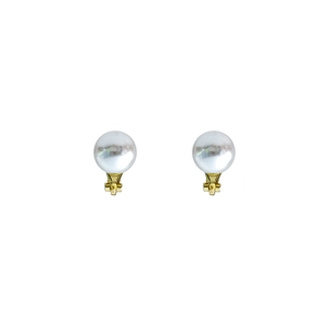 French vintage style pearl clip-on earrings with elegant gold metal base on white background