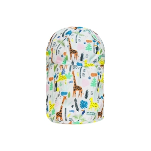 Detail of white sun hat for babies with giraffe and toucan prints and long neck flap