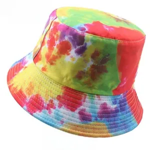 Detailed view of the vibrant multi-color tie-dye bucket hat with wide brim design