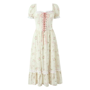 Vestito Lungo Floreale Poliestere Scollo Cuore Maniche A Sbuffo Stringato Vita Sottile Stile Vintage Francese Donne