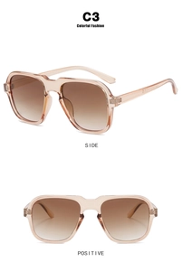 Detailed side and front views of champagne frame aviator sunglasses with gradient lenses