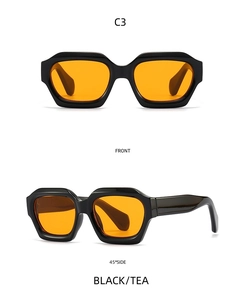 Front and side view of chunky black irregular sunglasses with orange tinted lenses