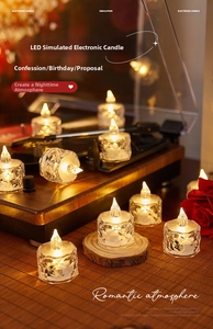 Macro detail of LED ice crystal candle with warm glowing light for romantic decor