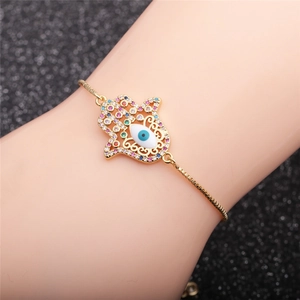 Hamsa Hand Armband in Gold mit bunten Zirkonia und Evil Eye Anhänger, verstellbare Boxkette
