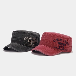 Vintage washed cotton flat top army caps with detailed embroidery in grey and burgundy