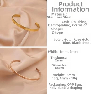 Polished C-shape stainless steel cuff bracelet shown in 4mm and 6mm width options