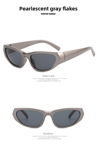 Pearlescent gray Y2K sports sunglasses shown from side and front angles on white background