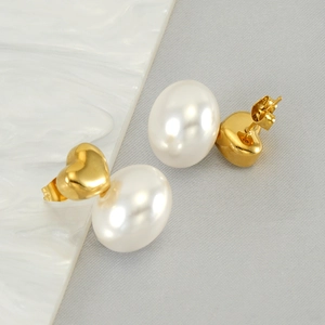 Elegant gold heart earrings with large oval pearls and butterfly backings for women