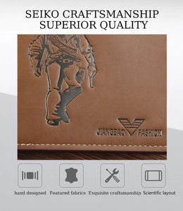Detailed close-up of brown leather wallet with embossed portrait and precision stitching