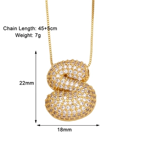 Detailed view of gold-plated S-letter necklace with white cubic zirconia and dimensions