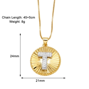 Detailed size specifications for the gold T-letter pendant necklace with measurements