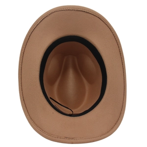 Detail of camel felt cowboy hat interior with adjustable drawstring and sweatband