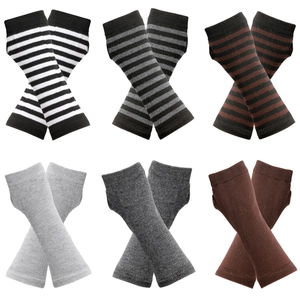 Macro view of six diverse striped and solid knitted fingerless arm sleeves set
