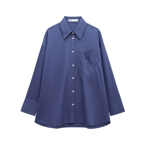 Navy blue long sleeve button-down shirt with turn-down collar in flat lay view