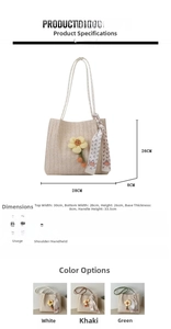Detailed dimension chart for woven tote bag with floral accents and handle size specs