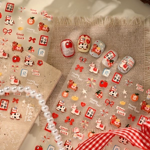Cartoon horse and apple nail art stickers with red festive new year patterns