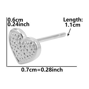 Detailed size chart of heart-shaped stainless steel earring with dimensions and micro-pave texture