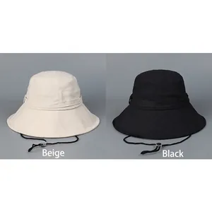 Wide brim cotton linen sun hats in beige and black with adjustable windproof cords