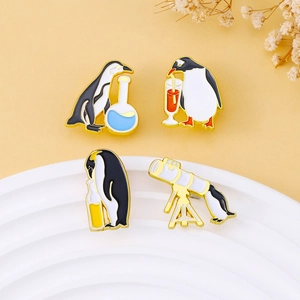 Creative penguin enamel pin set featuring astronomical telescope and drink designs