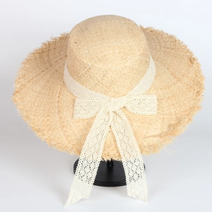 Handmade Raffia Straw Hat Wide Brim Fringed Edge Lace Ribbon Bow Sun Protection Beach Holiday Elegant Women