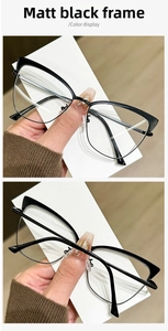 Detail view of matte black cat-eye semi-rimless metal glasses frames from multiple angles