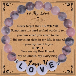 Pink zebra stone beaded bracelet with LOVE beads and gift card for daughter