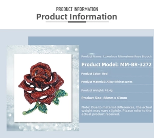 Detail view of a luxury red rose rhinestone brooch with 68mm by 63mm dimensions