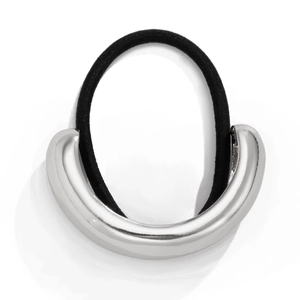 Polished silver C-shaped metal buckle detail on a black elastic hair tie for women