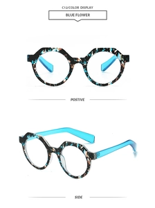 Detail view of blue flower patterned polygon sunglasses frames with transparent blue arms