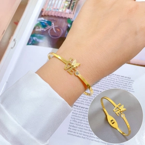 Butterfly Love Letter Bangle Titanium Stainless Steel Zircon Minimalist Vintage Cuff Bracelet Jewelry For Women