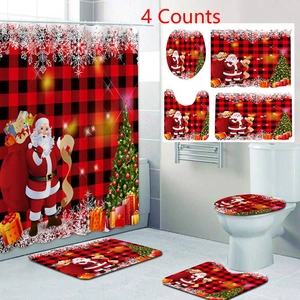 Detail view of 4-piece Christmas bathroom set with Santa and red buffalo plaid shower curtain