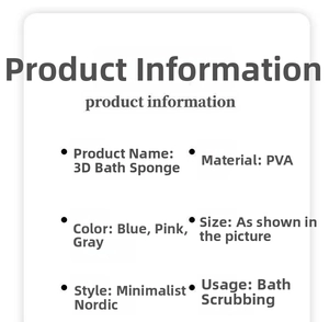 Detailed product information of 3D soft PVA bath sponge for kids in blue, pink and grey