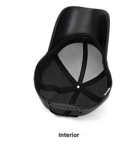 Internal view of black PU leather baseball cap showing inner lining and plastic strap