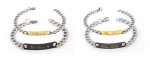 Detail of couple bracelets with His Always and Hers Forever engravings on steel plates