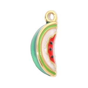 Detailed view of a gold-rimmed watermelon slice pendant with red and green enamel drip