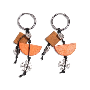 Boho ethnic wood heart cross earrings featuring silver hoops and colorful geometric charms