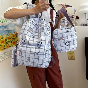 Plaid purple student backpack set with crossbody bag and pencil case in campus style