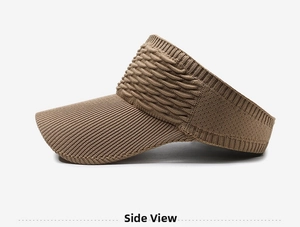 Side view of brown knitted sun visor hat showing breathable ribbed texture and open top