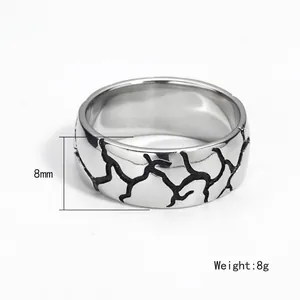 Polished titanium steel punk ring for men with black cracked pattern decor, 8mm width