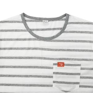 Detail view of men's striped T-shirt with chest pocket and white-gray patterns