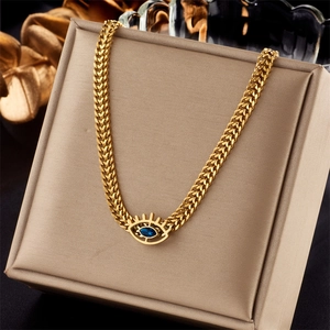 Evil Eye Pendant Necklace Stainless Steel Blue Stone Gold Curb Chain Hip Hop Fashion Jewelry For Women Elegant